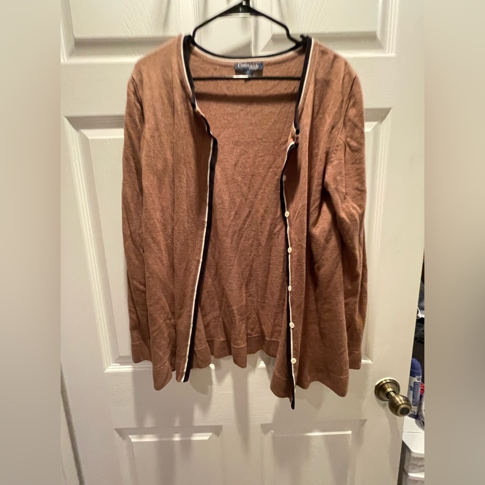 Brown Chadwick’s Button Cardigan Sweater with Black and White Stripe Detail